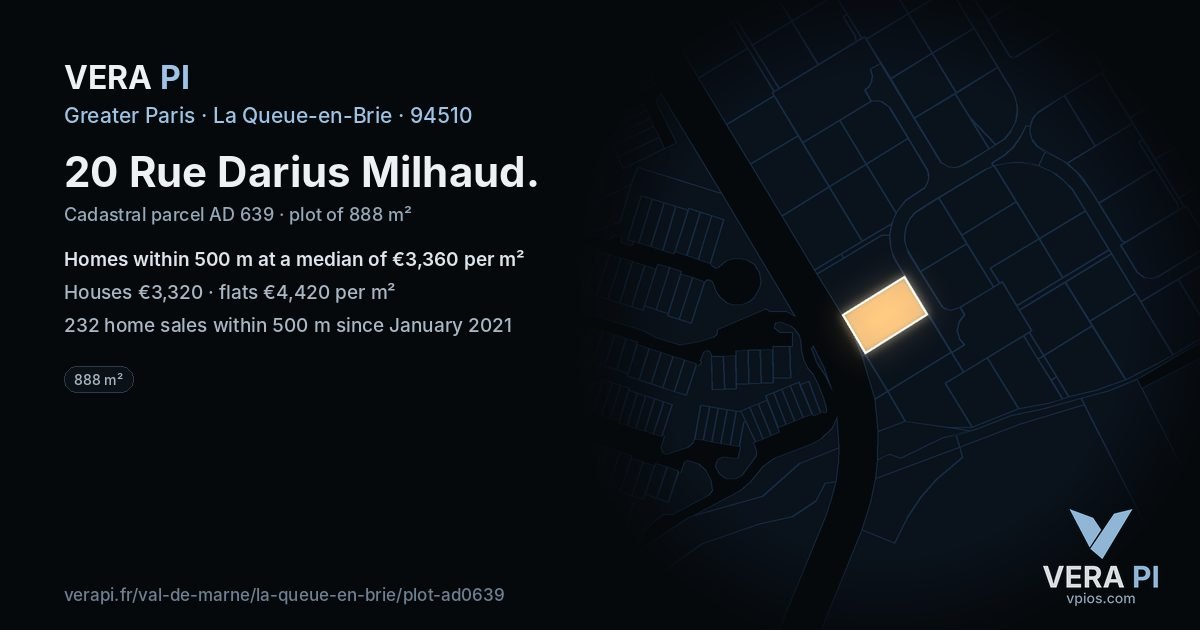 20 Rue Darius Milhaud, La Queue-en-Brie at night – the plot lit, the parcels around coloured by the prices near them