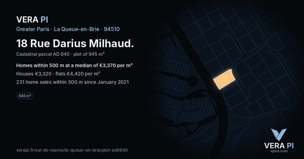 18 Rue Darius Milhaud, La Queue-en-Brie at night – the plot lit, the parcels around coloured by the prices near them