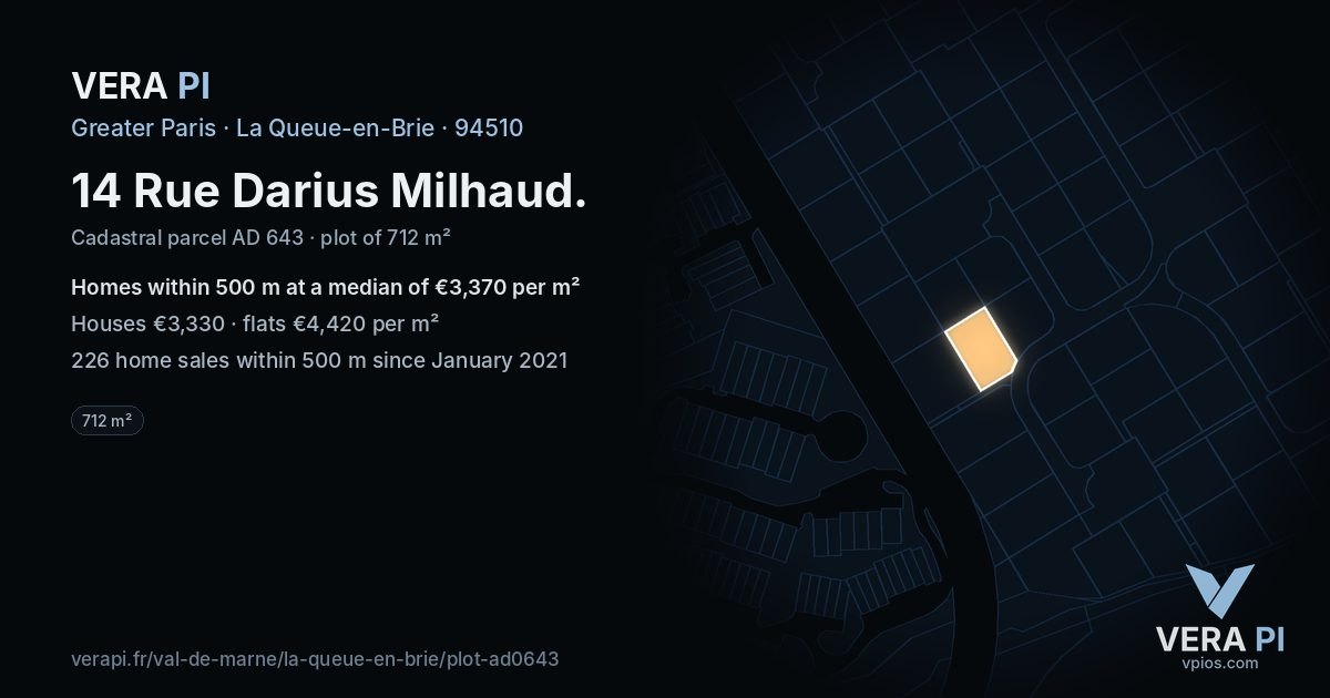 14 Rue Darius Milhaud, La Queue-en-Brie at night – the plot lit, the parcels around coloured by the prices near them