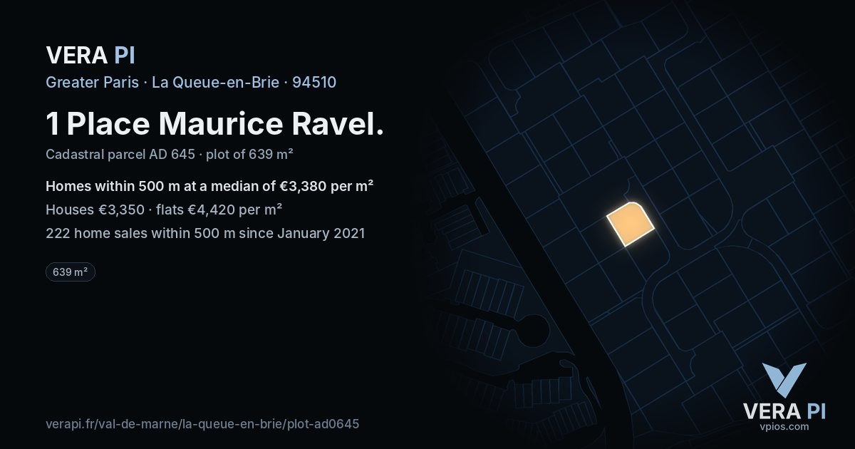 1 Place Maurice Ravel, La Queue-en-Brie at night – the plot lit, the parcels around coloured by the prices near them