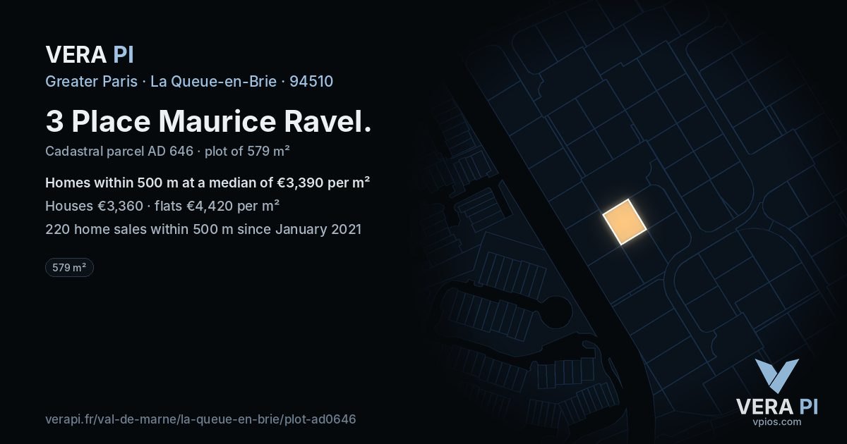 3 Place Maurice Ravel, La Queue-en-Brie at night – the plot lit, the parcels around coloured by the prices near them