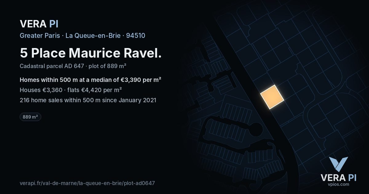 5 Place Maurice Ravel, La Queue-en-Brie at night – the plot lit, the parcels around coloured by the prices near them