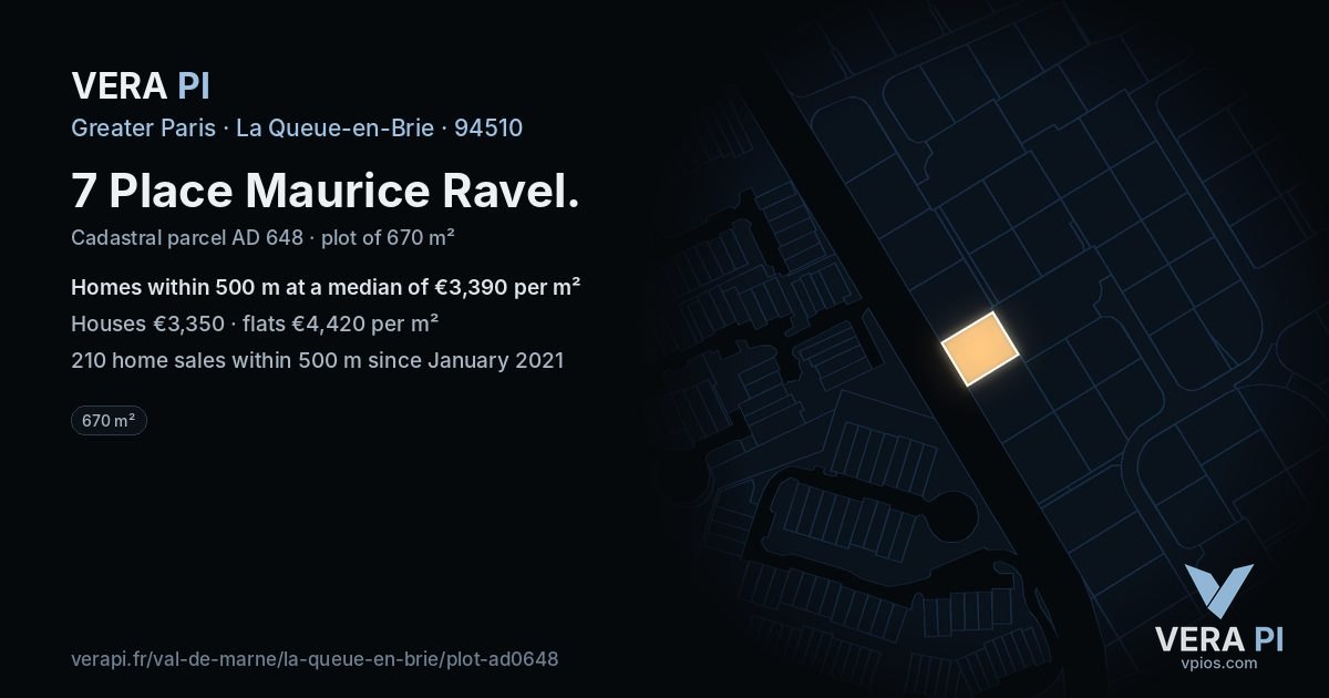 7 Place Maurice Ravel, La Queue-en-Brie at night – the plot lit, the parcels around coloured by the prices near them