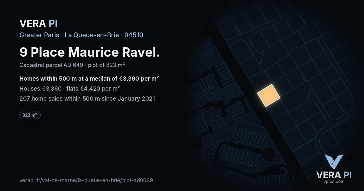 9 Place Maurice Ravel, La Queue-en-Brie at night – the plot lit, the parcels around coloured by the prices near them