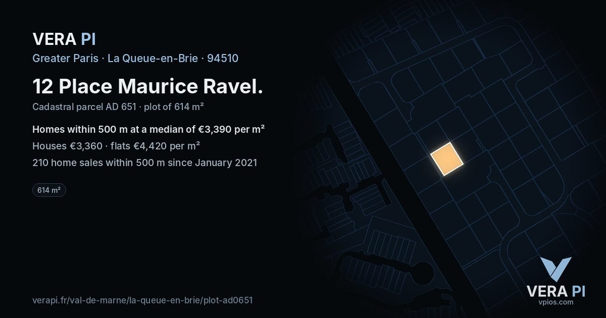 12 Place Maurice Ravel, La Queue-en-Brie at night – the plot lit, the parcels around coloured by the prices near them