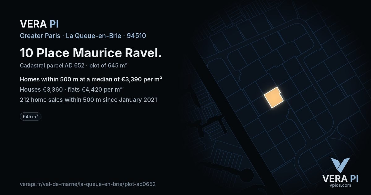 10 Place Maurice Ravel, La Queue-en-Brie at night – the plot lit, the parcels around coloured by the prices near them