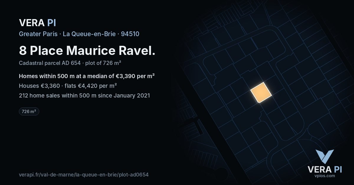 8 Place Maurice Ravel, La Queue-en-Brie at night – the plot lit, the parcels around coloured by the prices near them