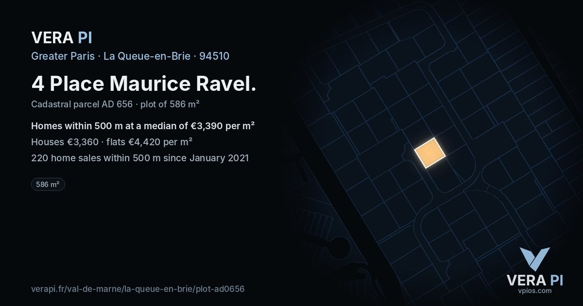 4 Place Maurice Ravel, La Queue-en-Brie at night – the plot lit, the parcels around coloured by the prices near them