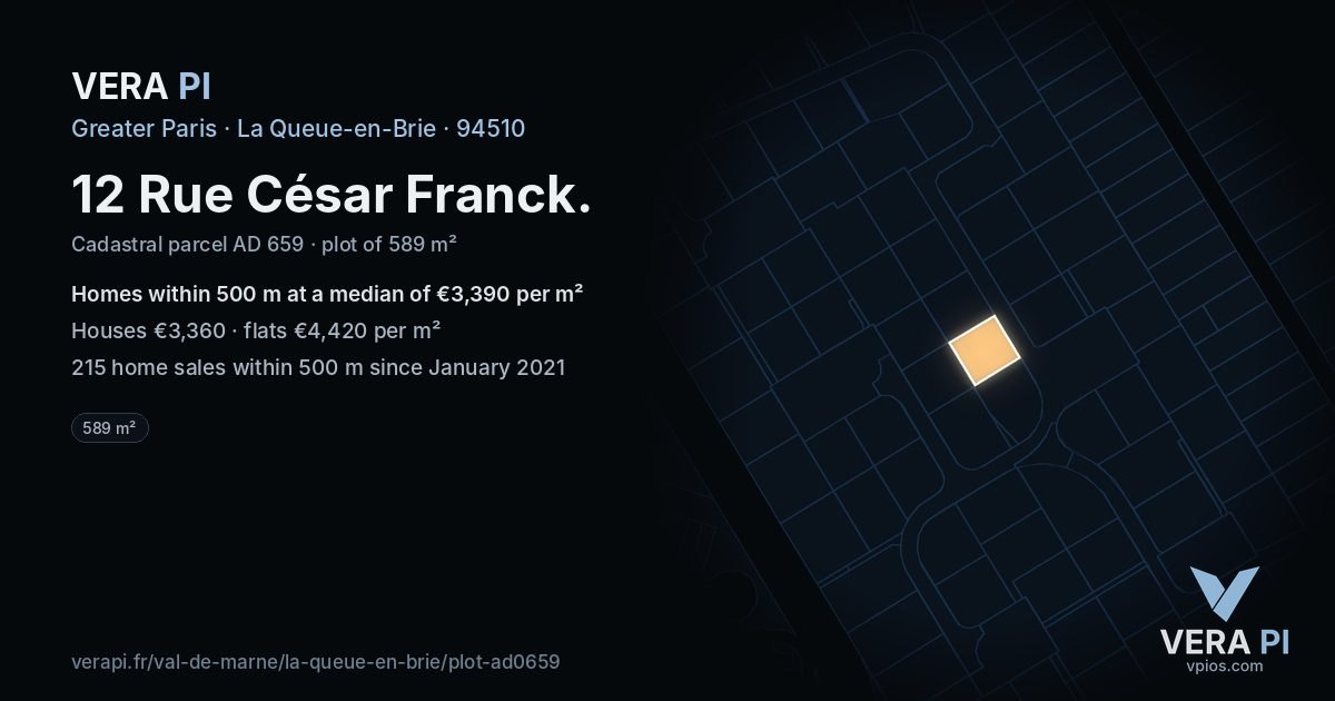 12 Rue César Franck, La Queue-en-Brie at night – the plot lit, the parcels around coloured by the prices near them