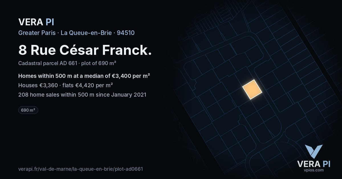 8 Rue César Franck, La Queue-en-Brie at night – the plot lit, the parcels around coloured by the prices near them
