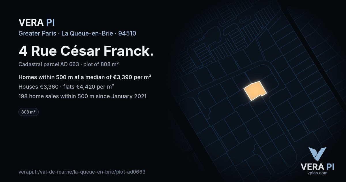 4 Rue César Franck, La Queue-en-Brie at night – the plot lit, the parcels around coloured by the prices near them