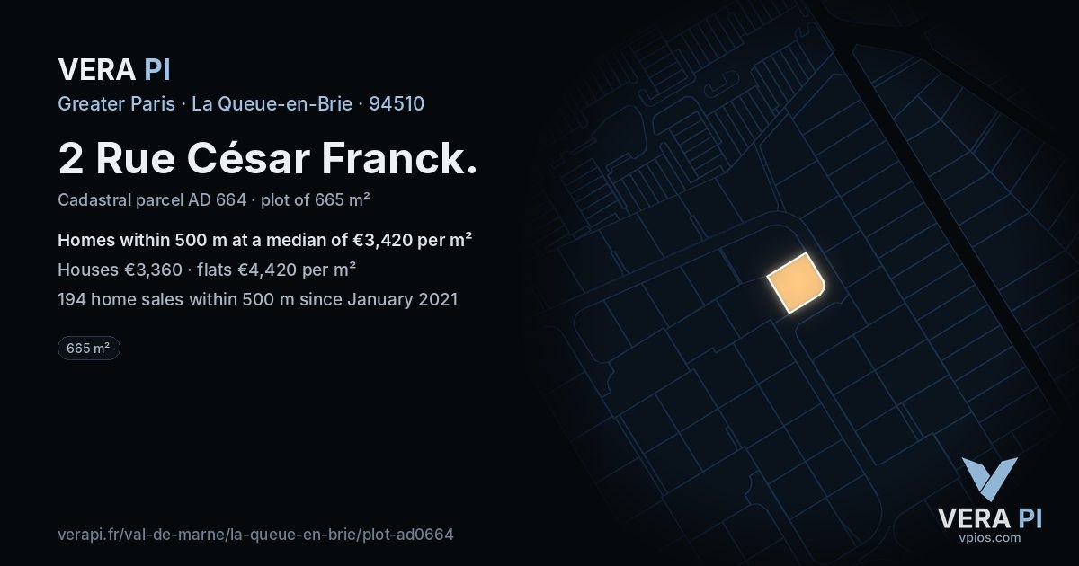 2 Rue César Franck, La Queue-en-Brie at night – the plot lit, the parcels around coloured by the prices near them
