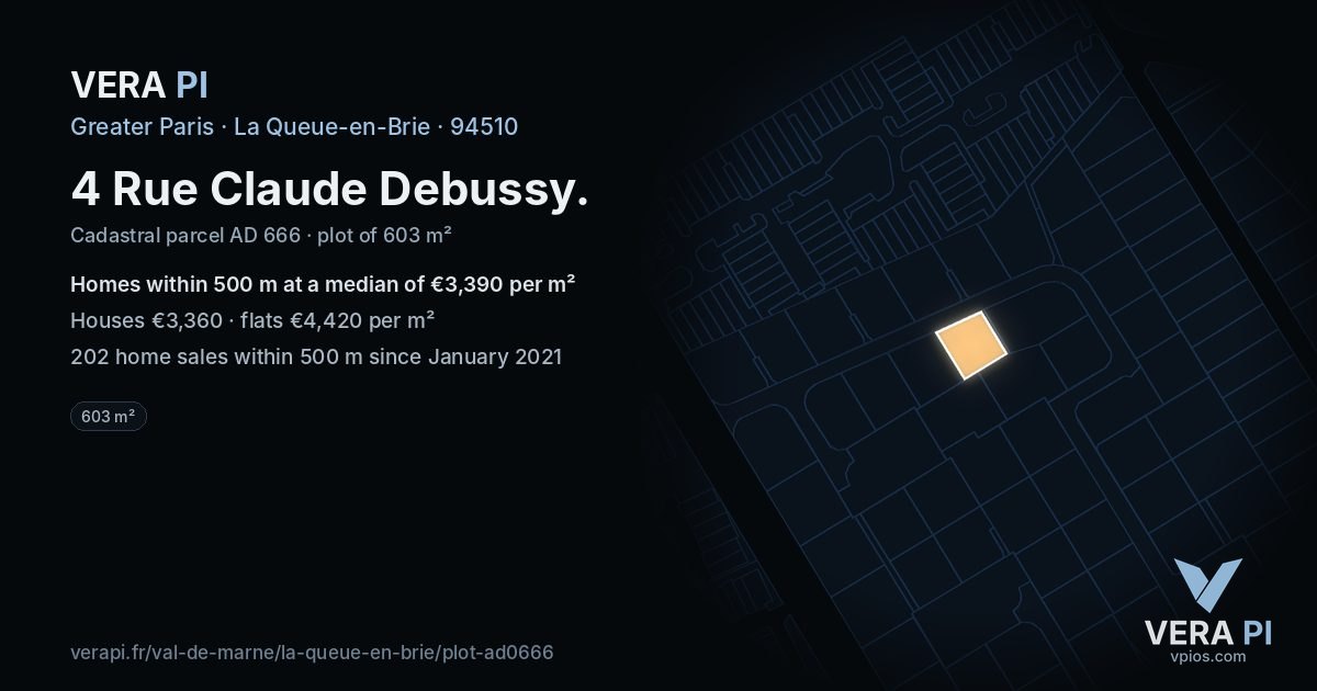 4 Rue Claude Debussy, La Queue-en-Brie at night – the plot lit, the parcels around coloured by the prices near them