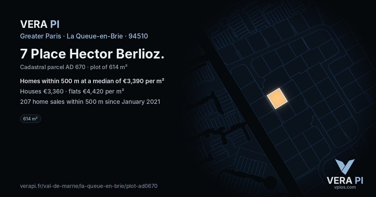 7 Place Hector Berlioz, La Queue-en-Brie at night – the plot lit, the parcels around coloured by the prices near them