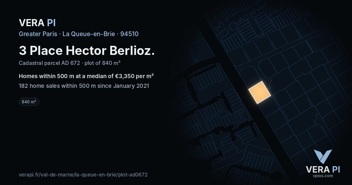 3 Place Hector Berlioz, La Queue-en-Brie at night – the plot lit, the parcels around coloured by the prices near them