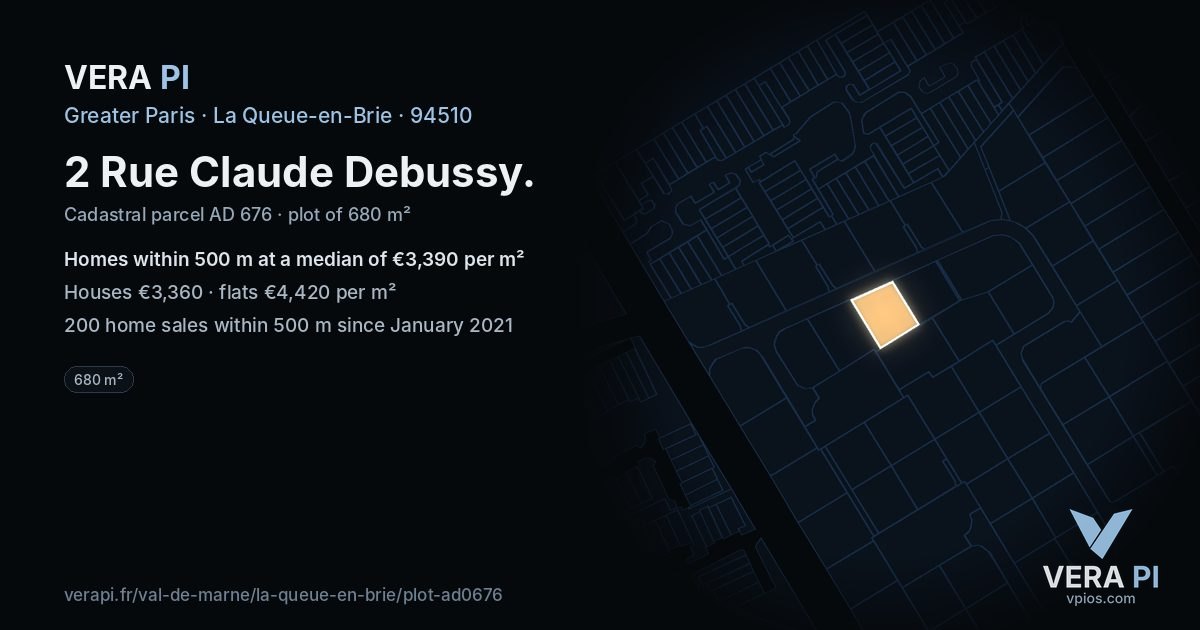 2 Rue Claude Debussy, La Queue-en-Brie at night – the plot lit, the parcels around coloured by the prices near them