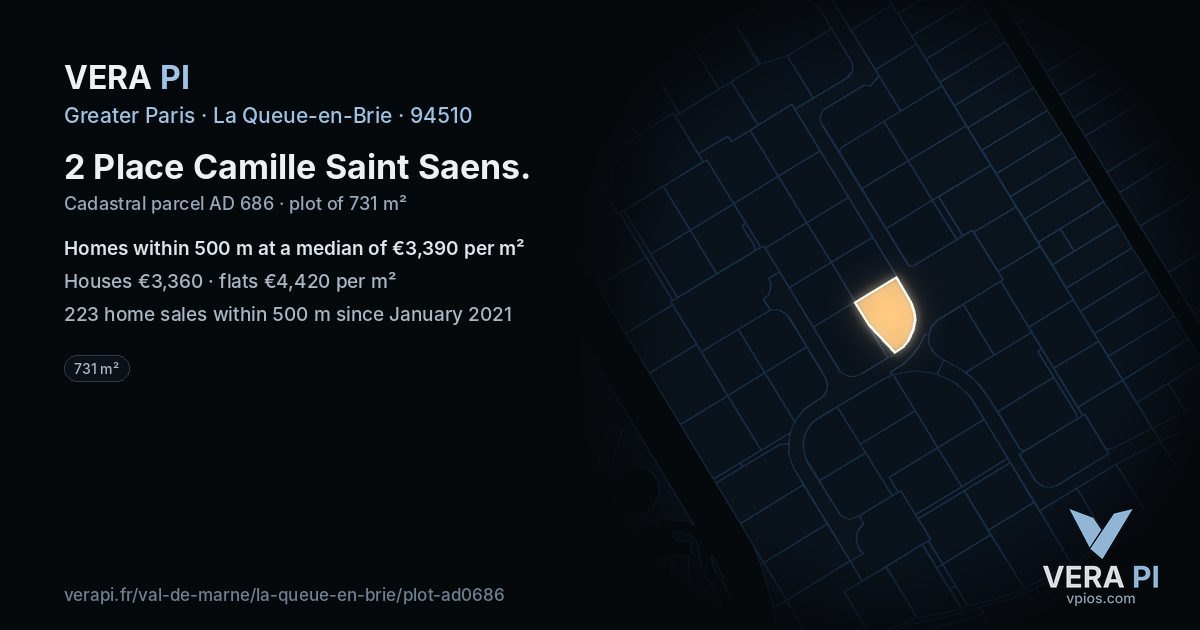 2 Place Camille Saint Saens, La Queue-en-Brie at night – the plot lit, the parcels around coloured by the prices near them