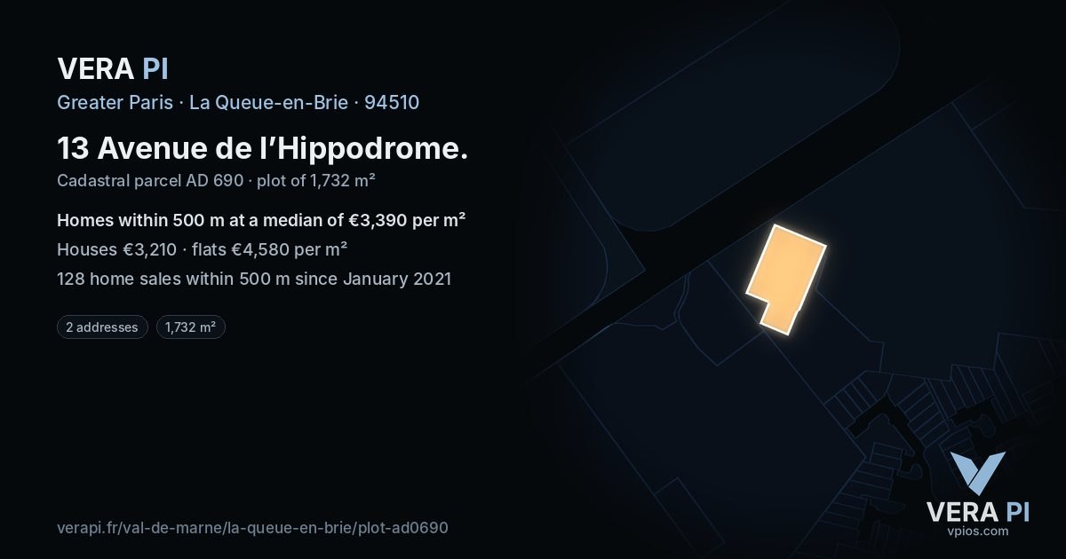 13 Avenue de l’Hippodrome, La Queue-en-Brie at night – the plot lit, the parcels around coloured by the prices near them