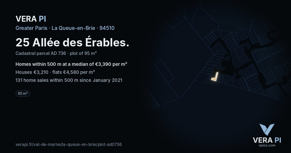 25 Allée des Érables, La Queue-en-Brie at night – the plot lit, the parcels around coloured by the prices near them