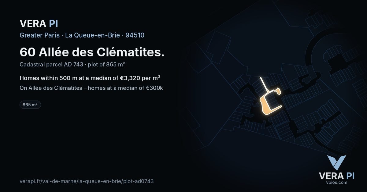 60 Allée des Clématites, La Queue-en-Brie at night – the plot lit, the parcels around coloured by the prices near them