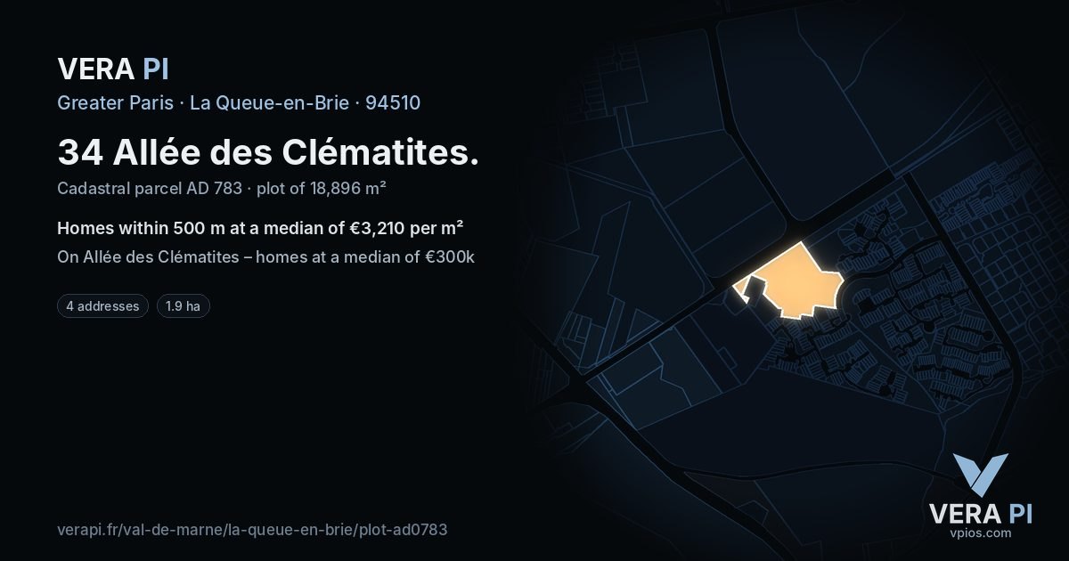 34 Allée des Clématites, La Queue-en-Brie at night – the plot lit, the parcels around coloured by the prices near them