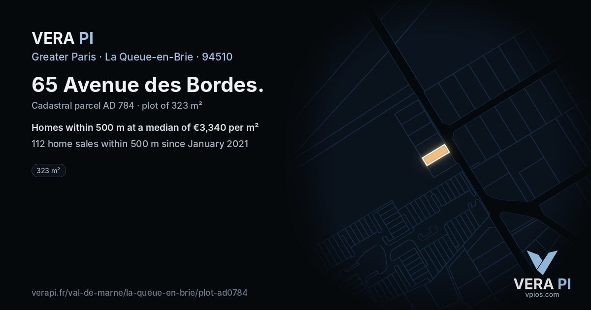 65 Avenue des Bordes, La Queue-en-Brie at night – the plot lit, the parcels around coloured by the prices near them
