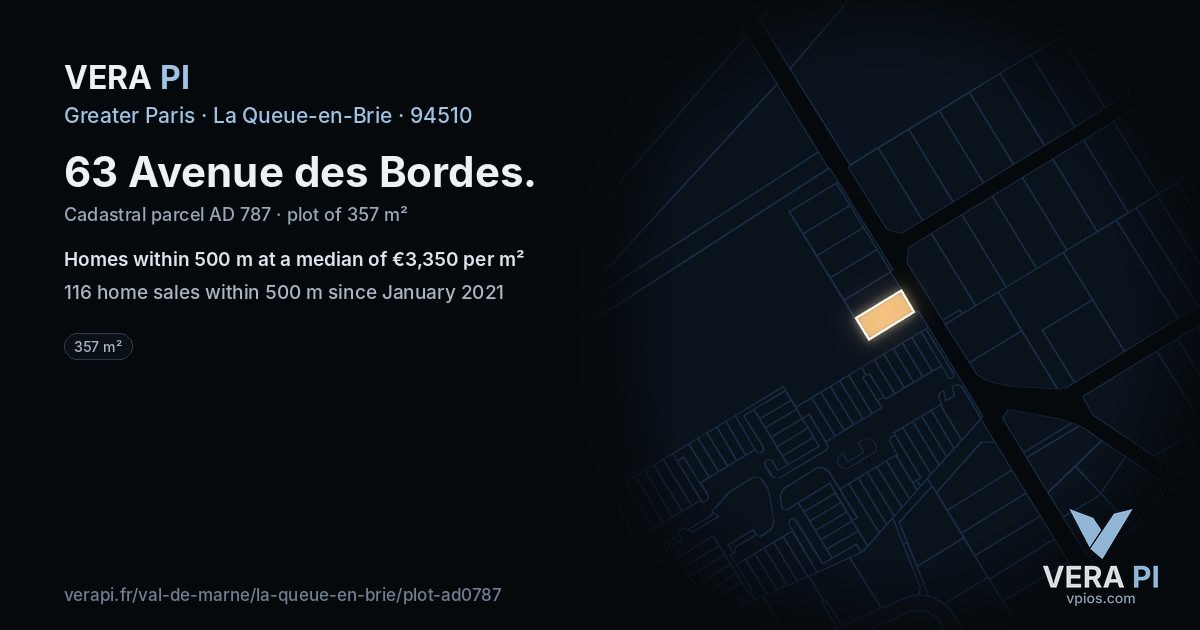 63 Avenue des Bordes, La Queue-en-Brie at night – the plot lit, the parcels around coloured by the prices near them