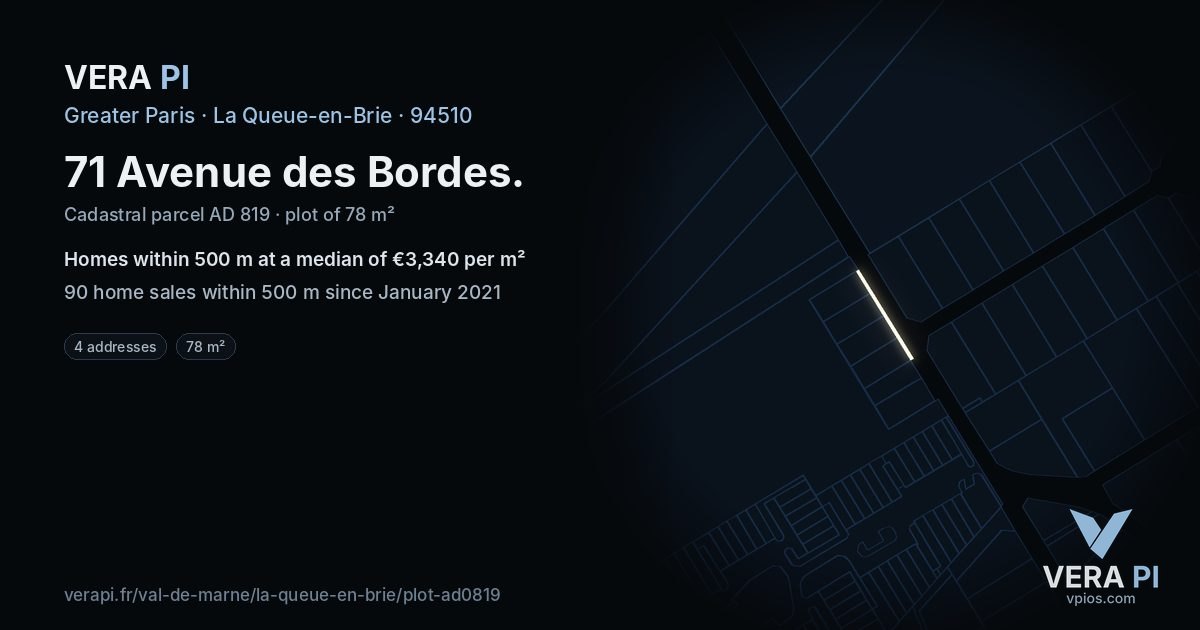 71 Avenue des Bordes, La Queue-en-Brie at night – the plot lit, the parcels around coloured by the prices near them