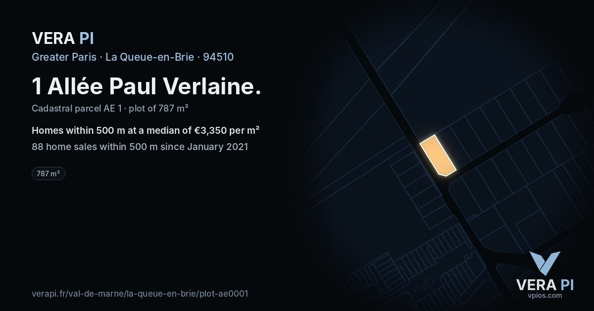 1 Allée Paul Verlaine, La Queue-en-Brie at night – the plot lit, the parcels around coloured by the prices near them