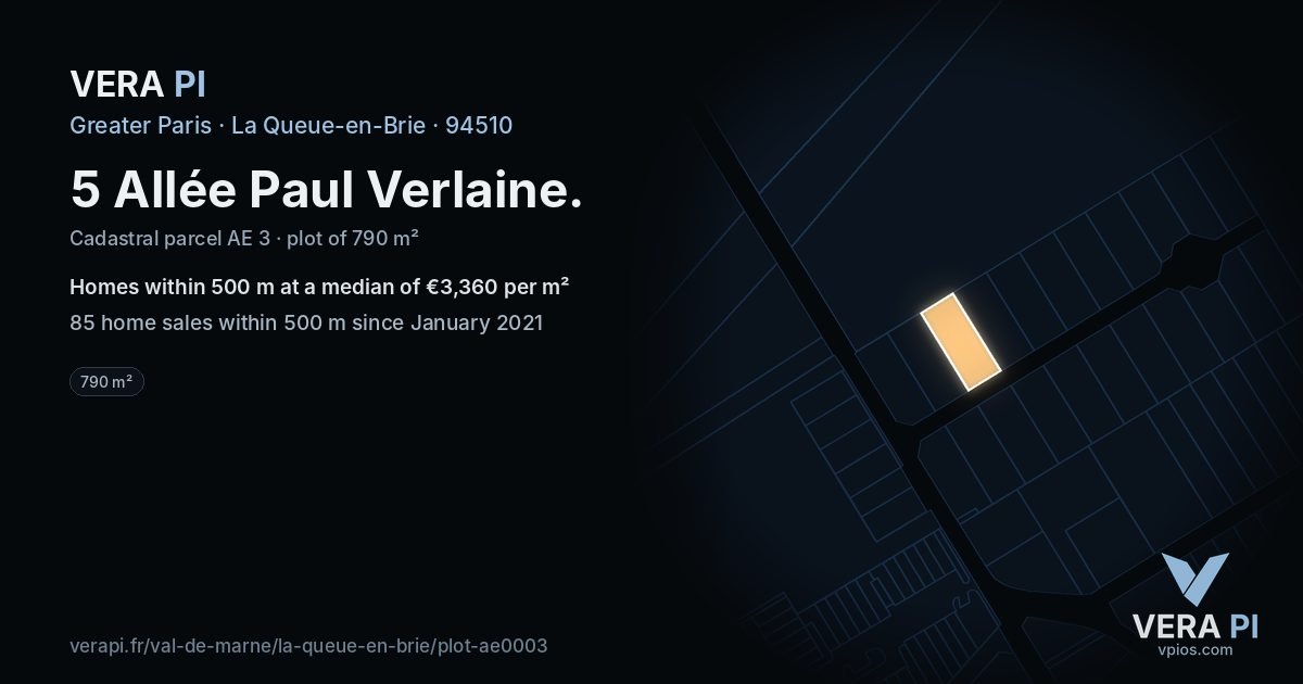 5 Allée Paul Verlaine, La Queue-en-Brie at night – the plot lit, the parcels around coloured by the prices near them