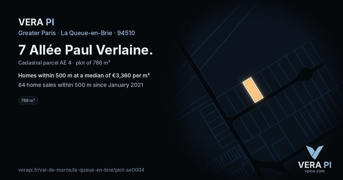7 Allée Paul Verlaine, La Queue-en-Brie at night – the plot lit, the parcels around coloured by the prices near them
