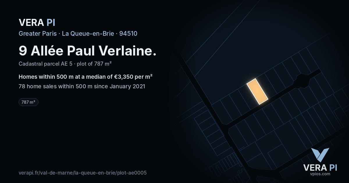 9 Allée Paul Verlaine, La Queue-en-Brie at night – the plot lit, the parcels around coloured by the prices near them