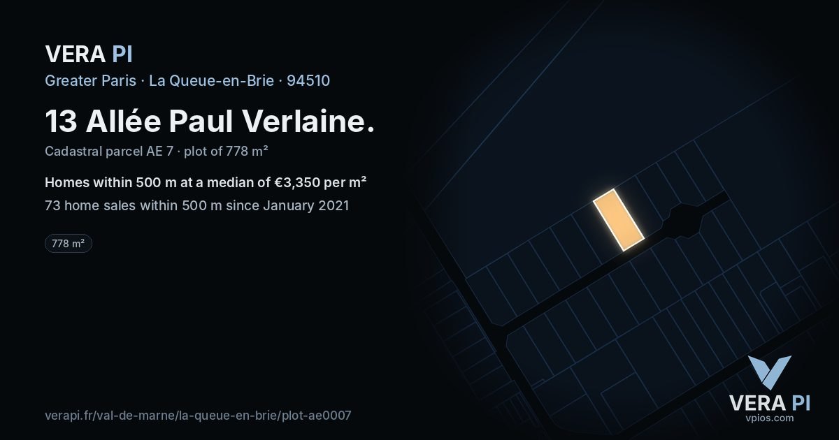 13 Allée Paul Verlaine, La Queue-en-Brie at night – the plot lit, the parcels around coloured by the prices near them