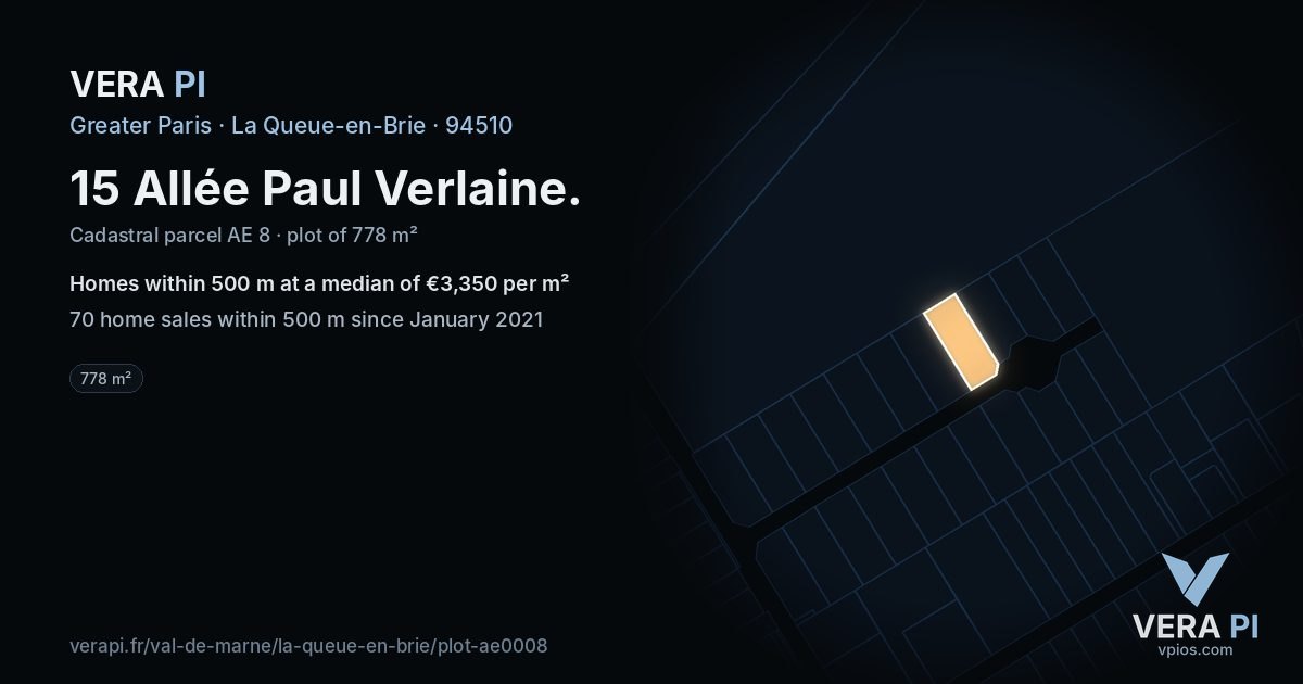 15 Allée Paul Verlaine, La Queue-en-Brie at night – the plot lit, the parcels around coloured by the prices near them