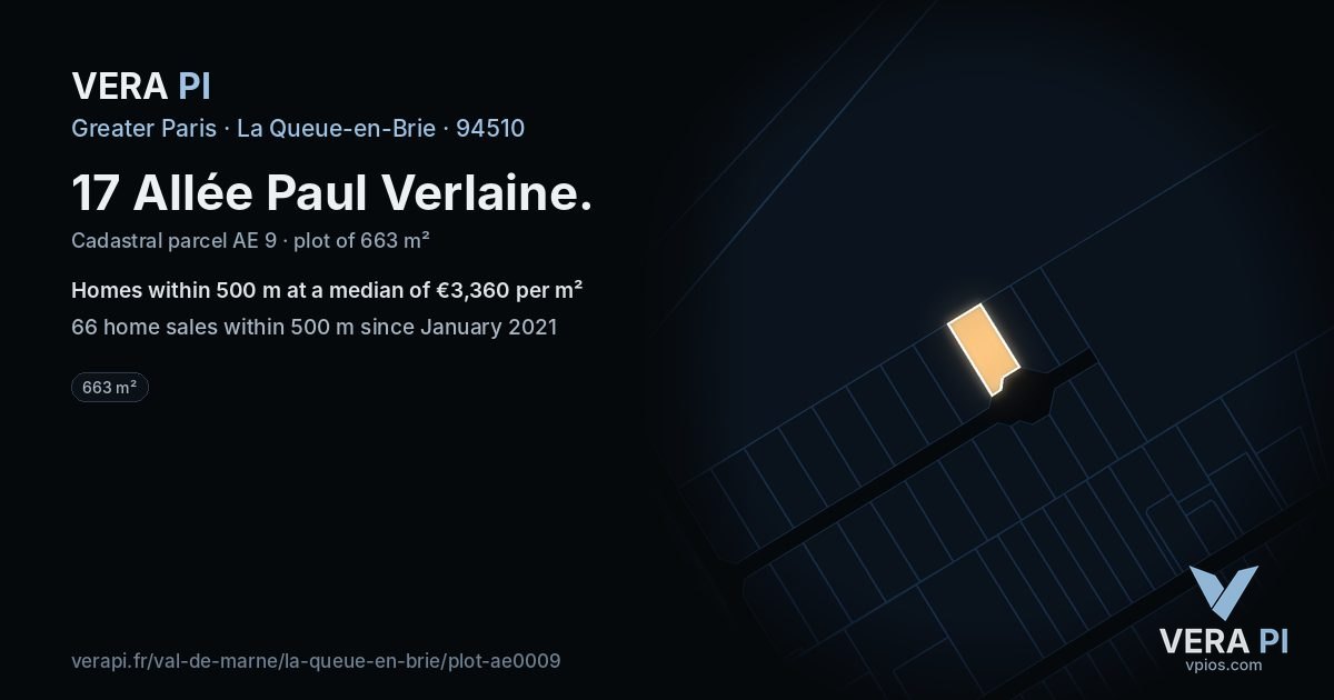 17 Allée Paul Verlaine, La Queue-en-Brie at night – the plot lit, the parcels around coloured by the prices near them