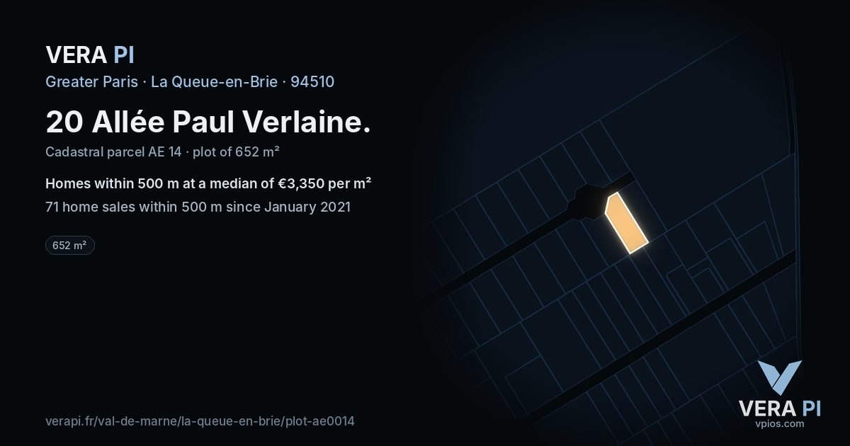 20 Allée Paul Verlaine, La Queue-en-Brie at night – the plot lit, the parcels around coloured by the prices near them