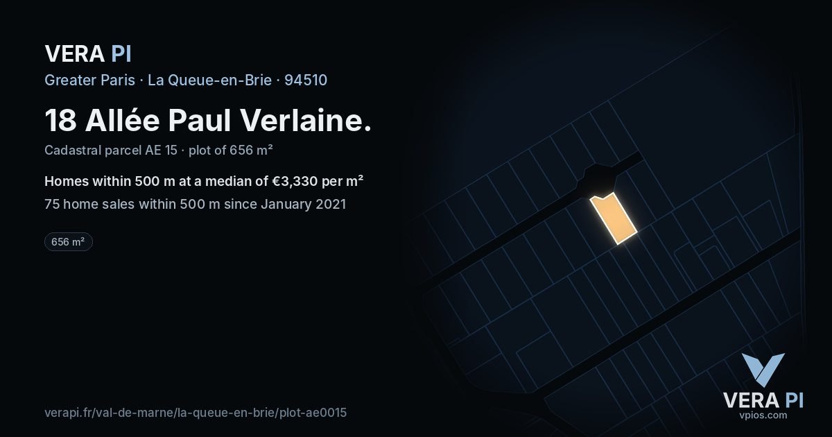18 Allée Paul Verlaine, La Queue-en-Brie at night – the plot lit, the parcels around coloured by the prices near them