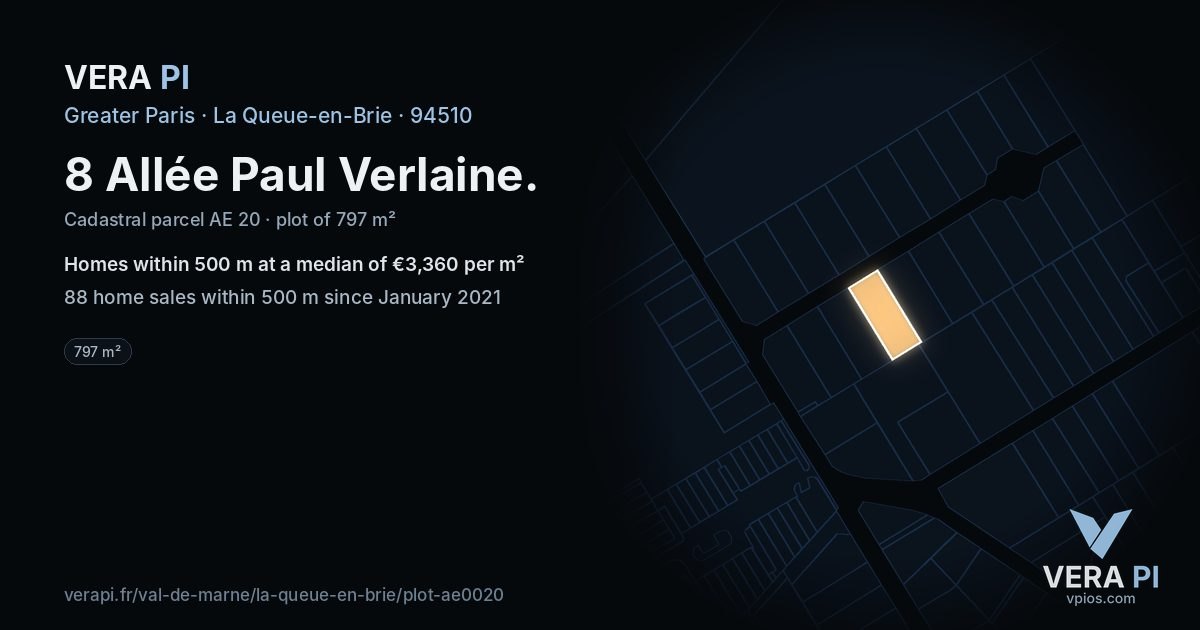 8 Allée Paul Verlaine, La Queue-en-Brie at night – the plot lit, the parcels around coloured by the prices near them