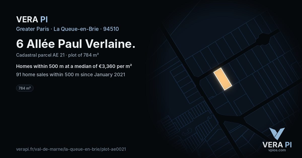 6 Allée Paul Verlaine, La Queue-en-Brie at night – the plot lit, the parcels around coloured by the prices near them