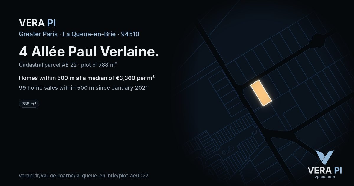 4 Allée Paul Verlaine, La Queue-en-Brie at night – the plot lit, the parcels around coloured by the prices near them