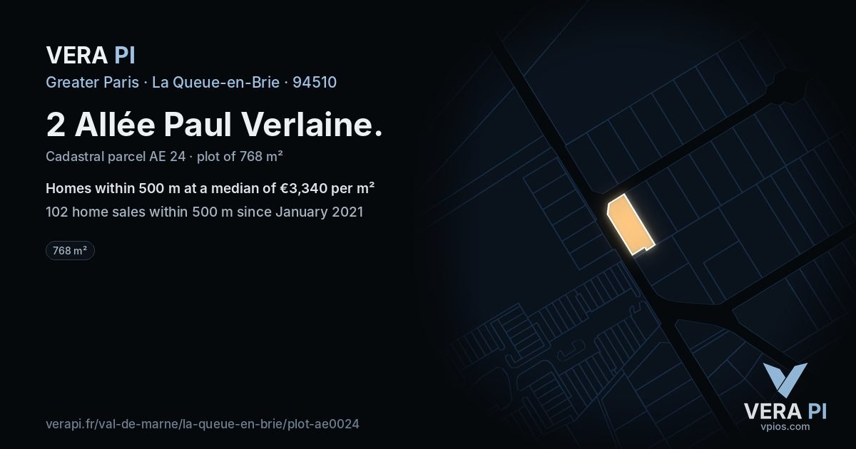 2 Allée Paul Verlaine, La Queue-en-Brie at night – the plot lit, the parcels around coloured by the prices near them
