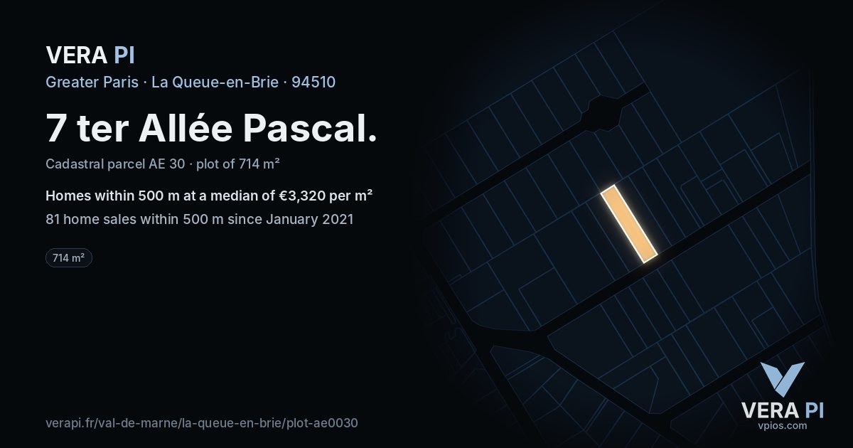 7 ter Allée Pascal, La Queue-en-Brie at night – the plot lit, the parcels around coloured by the prices near them