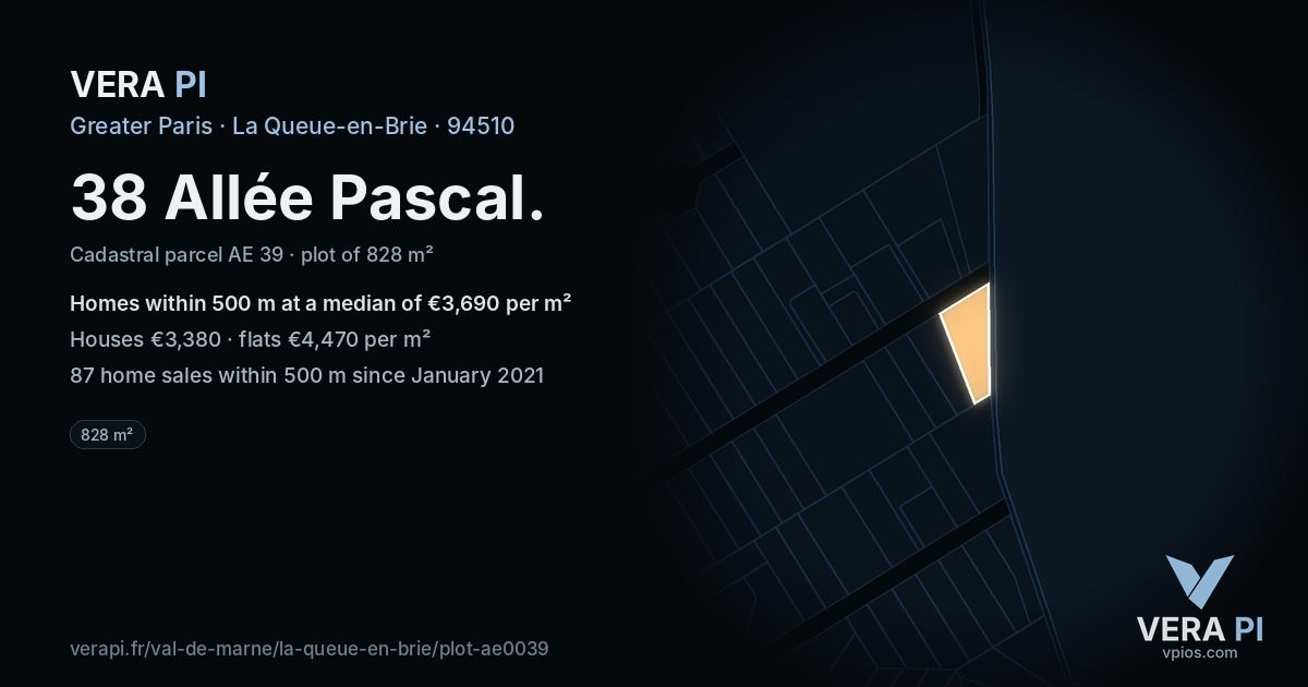 38 Allée Pascal, La Queue-en-Brie at night – the plot lit, the parcels around coloured by the prices near them