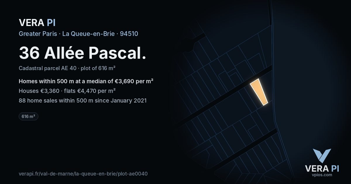 36 Allée Pascal, La Queue-en-Brie at night – the plot lit, the parcels around coloured by the prices near them