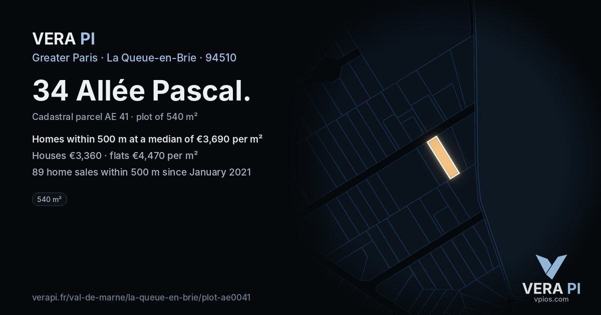 34 Allée Pascal, La Queue-en-Brie at night – the plot lit, the parcels around coloured by the prices near them