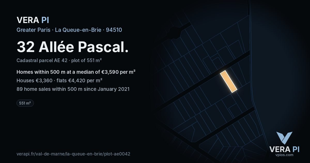 32 Allée Pascal, La Queue-en-Brie at night – the plot lit, the parcels around coloured by the prices near them