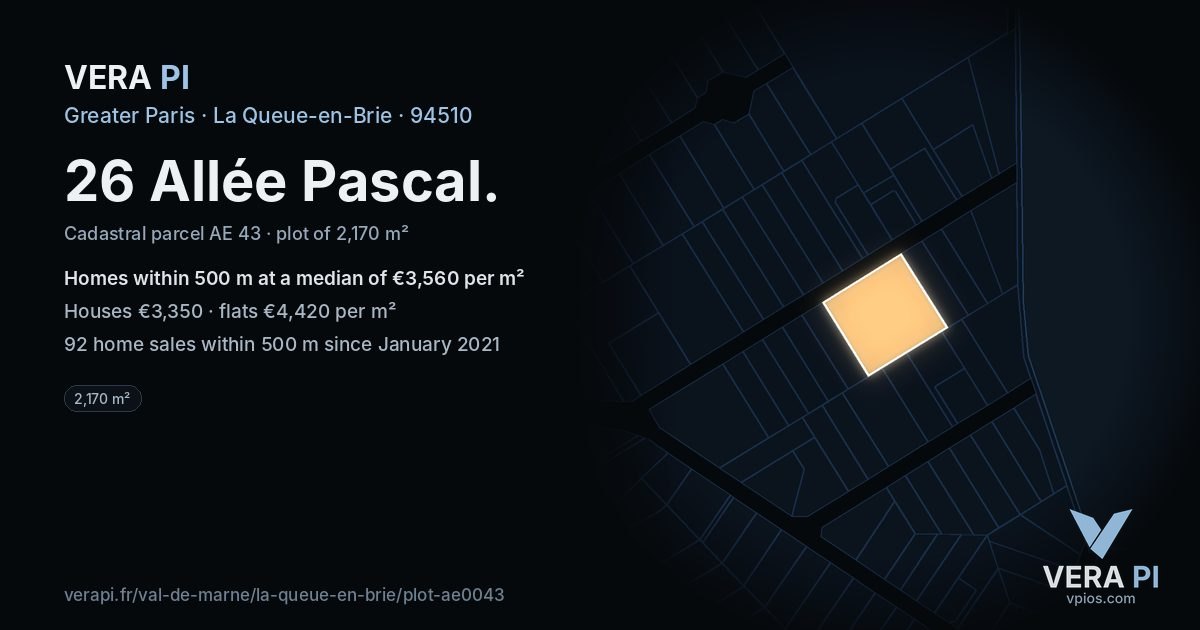 26 Allée Pascal, La Queue-en-Brie at night – the plot lit, the parcels around coloured by the prices near them