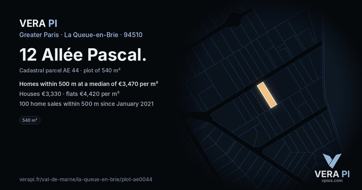 12 Allée Pascal, La Queue-en-Brie at night – the plot lit, the parcels around coloured by the prices near them