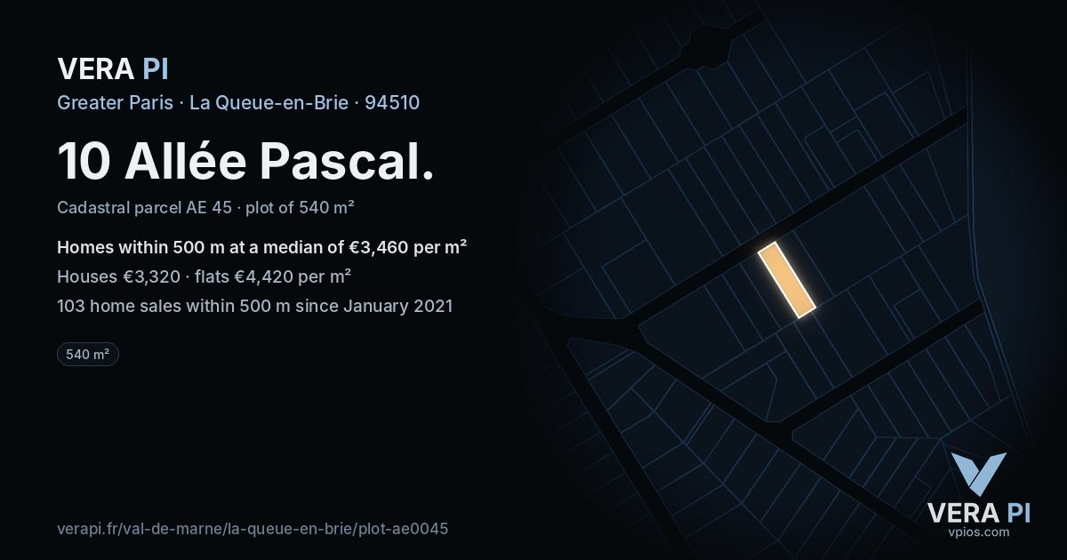 10 Allée Pascal, La Queue-en-Brie at night – the plot lit, the parcels around coloured by the prices near them