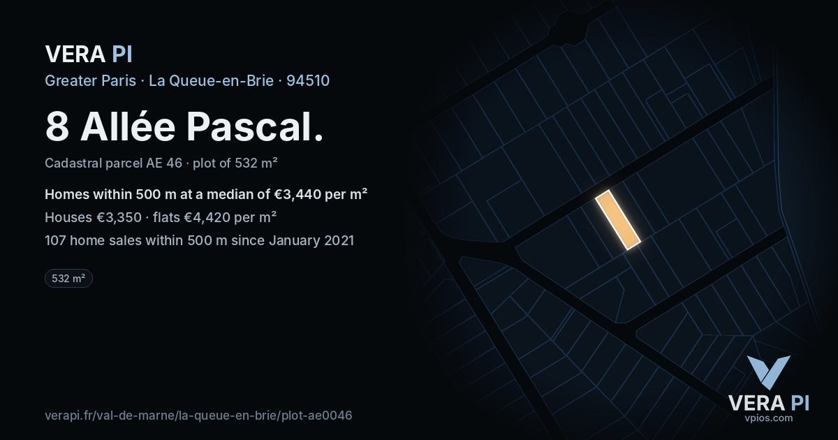 8 Allée Pascal, La Queue-en-Brie at night – the plot lit, the parcels around coloured by the prices near them
